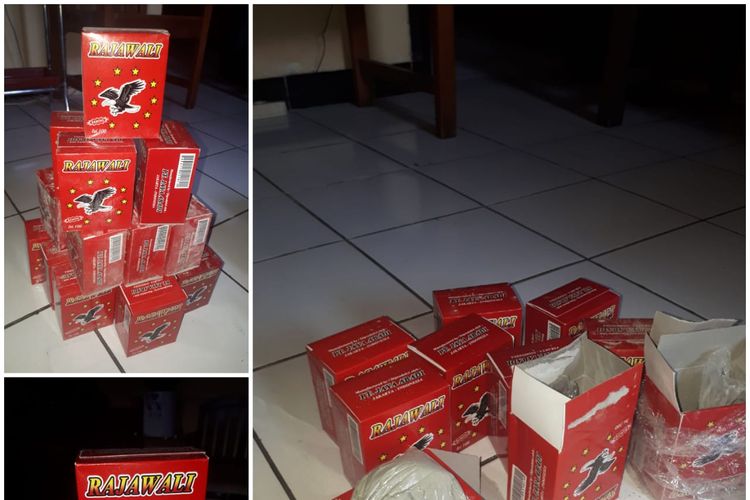 Polisi menunjukkan barangbukti bahan pengembang kue merk Rajawali yang ternyata berisi semen, Sabtu (27/4/2019).?
