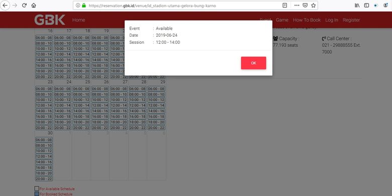 Bidik layar laman reservation.gbk.id yang menunjukkan bahwa jadwal pemesanan untuk konser BTS World Tour telah hilang, menurutu pantauan pada Rabu (29/5/2019).