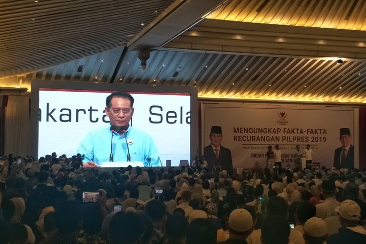 Anggota Dewan Pakar Badan Pemenangan Nasional (BPN) pasangan Prabowo Subianto-Sandiaga Uno, Laode Kamaluddin, saat berbicara dalam acara Mengungkap Fakta-Fakta Kecurangan Pilpres 2019 di Hotel Grand Sahid Jaya, Jakarta Pusat, Selasa (14/5/2019). 