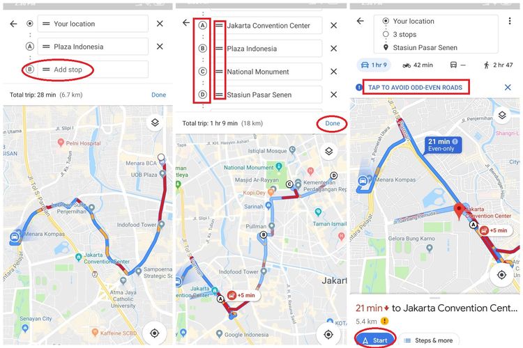 Ilustrasi Langkah Kedua Navigasi dengan fitur add Stop di Google Maps