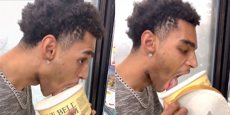 Inilah aksi seorang pria di Texas yang menjilati es krim kemudian dimasukkan lagi ke lemari pending di supermarket Amerika Serikat.