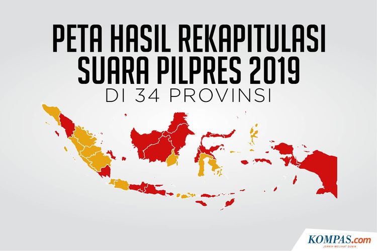 Peta hasil Rekapitulasi Suara Pilpres 2019 di 34 Provinsi