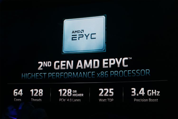 Salah satu halaman presentasi dalam acara AMD Epyc Horizon memperlihatkan kemampuan prosesor seri 7002 AMD Epyc untuk server dan datacenter.