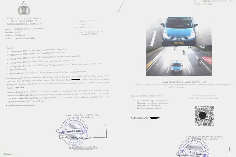 Contoh lembar surat tilang ETLE yang dikeluarkan Polda Metro Jaya kepada pelanggar lalu lintas.