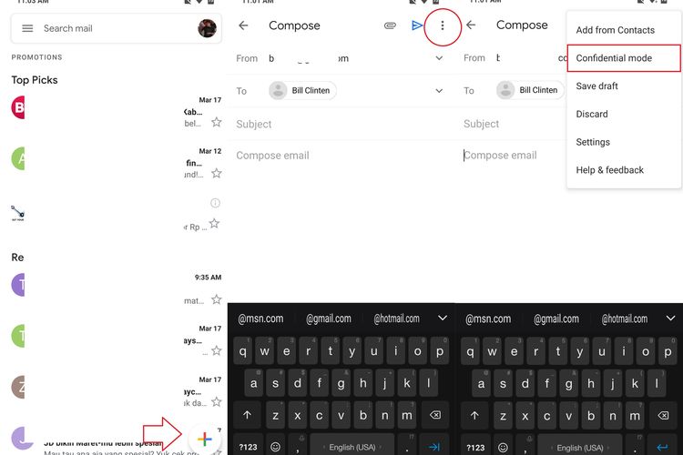 Ilustrasi langkah menulis e-mail baru di Gmail. Langkah pertama untuk mengaktifkan mode Confidential