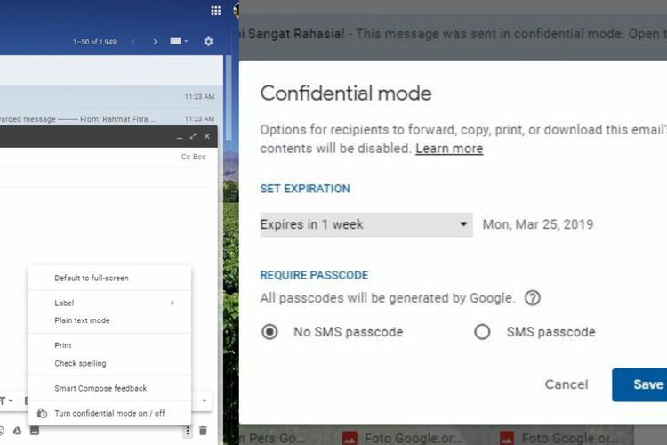Ilustrasi Confidential Mode di Gmail versi web