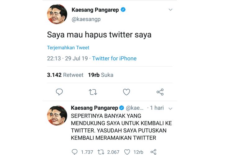 Tangkapan layar twitter Kaesang Pangarep yang berisi parodi pamit-kembali.