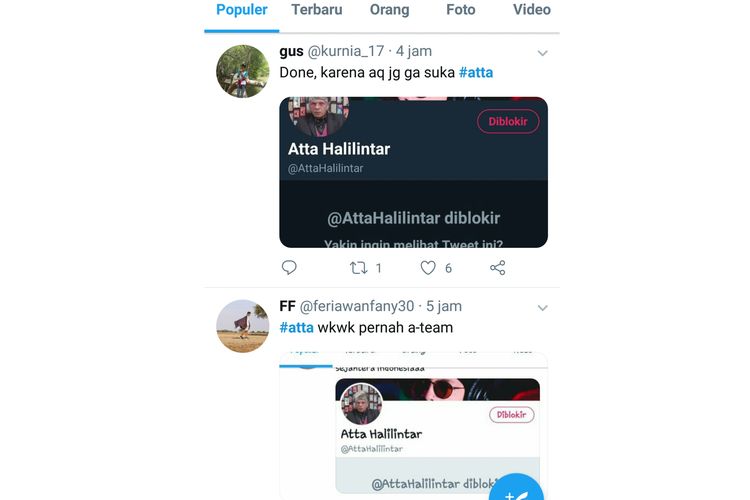 Tangkapan layar twitter terkait aksi blokir masal akun Atta Halilintar