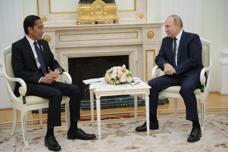 Presiden Rusia Vladimir Putin (kanan) dan Presiden Indonesia Joko Widodo (kiri). Putin bertemu Jokowi di Kremlin, Moskwa, Rusia, Kamis (30/6/2022). 
