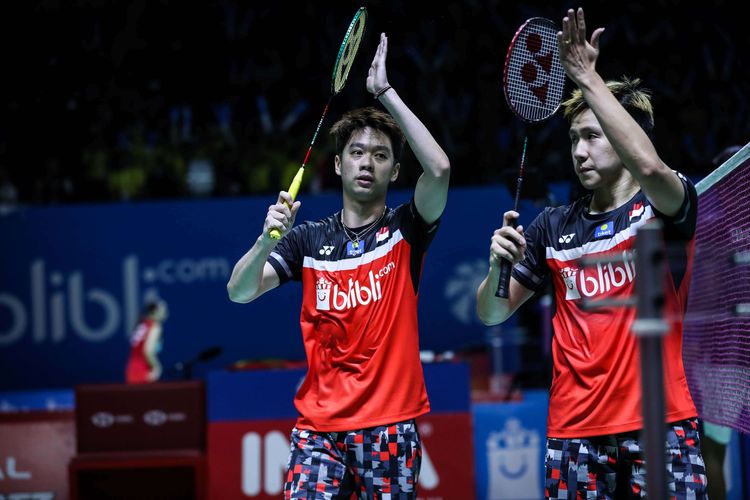 Pasangan ganda putra Indonesia, Marcus Gideon dan Kevin Sanjaya saat melawan ganda putra India, Ranki Reddy dan Shetty dalam babak kedua Blibli Indonesia Open 2019 di Istora Senayan, kompleks GBK, Jakarta, Kamis (18/7/2019). Ganda putra Indonesia, Marcus Gideon dan Kevin Sanjaya menang dengan skor 21-15 21-14.