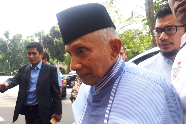 Anggota Dewan Pembina Badan Pemenangan Nasional (BPN) pasangan Prabowo Subianto-Sandiaga Uno, Amien Rais memenuhi panggilan kedua penyidik Polda Metro Jaya, Jumat (24/5/2019).