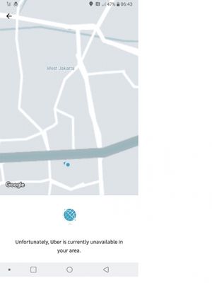 Tangkapan layar aplikasi Uber per 9 April 2018, di mana tidak ada driver online ditemukan.