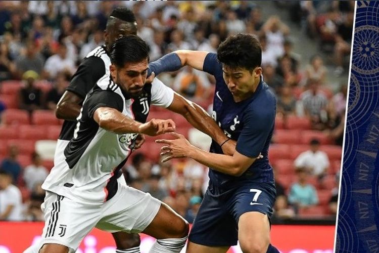 Pemain Totteham Hotspurs, Son Heung Min dan gelandang Juventus, Emre Can di Stadion Nasional Singapura, Minggu (21/7/2019) pada ajang ICC 2019.
