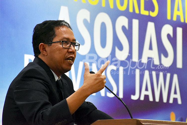 Wakil Ketua Umum PSSI, Joko Driyono, saat memberikan sambutan dalam Kongres Tahunan PSSI Jawa Timur yang berlangsung selama dua hari, 25-26 Oktober 2017, di Hotel Agro Kusuma Batu, Jawa Timur, Rabu (25/10/2017).