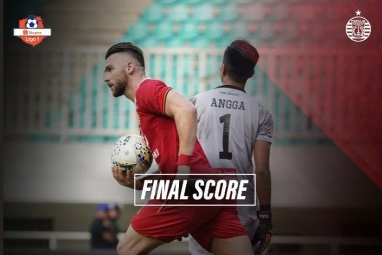 Penyerang Persija Jakarta, Marko Simic mencetak gol saat melawan PS Tira Persikabo dalam lanjutan pekan ke-9 Liga 1 2019 di Stadion Pakansari, Kabupaten Bogor, Selasa (16/7/2019).