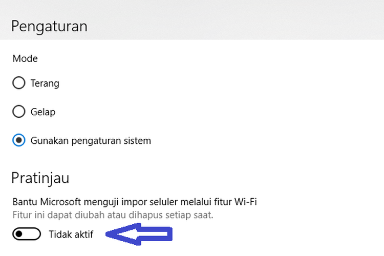 Mengaktifkan mode transfer foto melalui Wi-Fi mobile pada menu Pengaturan