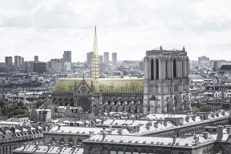 Rendering Studio NAB dalam merekonstruksi atap Notre Dame.