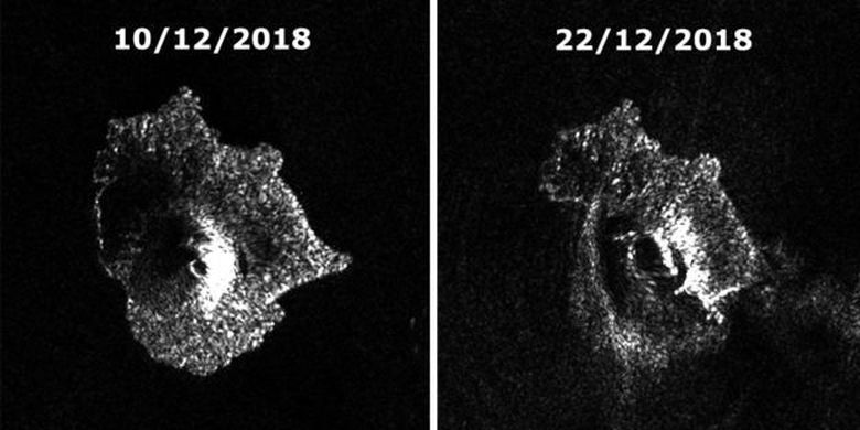 Foto dari satelit Sentinel-1 membantu para peneliti menghitung seberapa besar lereng yang hilang. Bandingkan foto sebelum dan sesudah letusan. Longsor memicu tsunami saat memasuki air. 