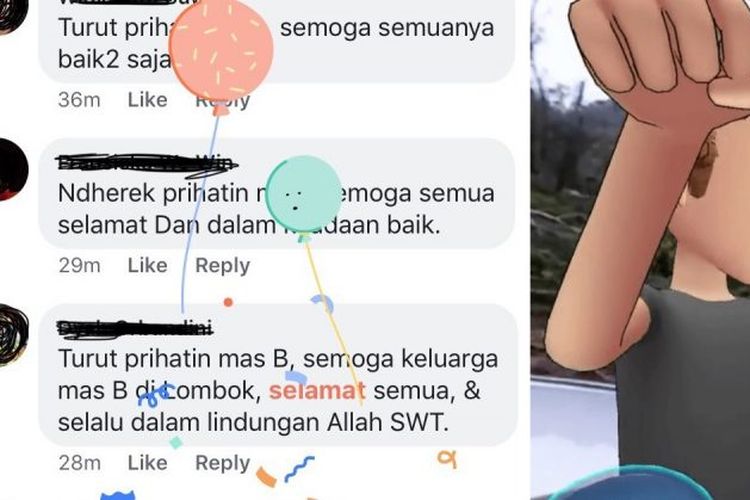 Ucapan belasungkawa yang salah dipahami Facebook sebagai perayaan. Kata selamat jika diklik akan memunculkan balon dan confetti.