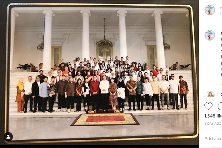 Potret Presiden Joko Widodo (Jokowi) bersama 100 selebritas pendukung Jokowi-Maruf Amin saat diundang ke Istana Bogor, Rabu (17/7/2019). Momen ini diunggah instagram @monaratuliu. 