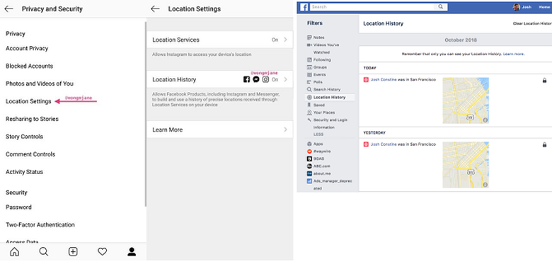 Tangkapan layar purwarupa pengaturan privasi lokasi Facebook via Instagram