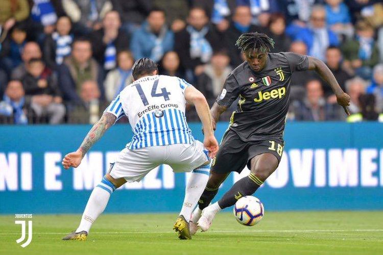 Aksi Moise Kean saat laga SPAL vs Juventus, 13 April 2019.