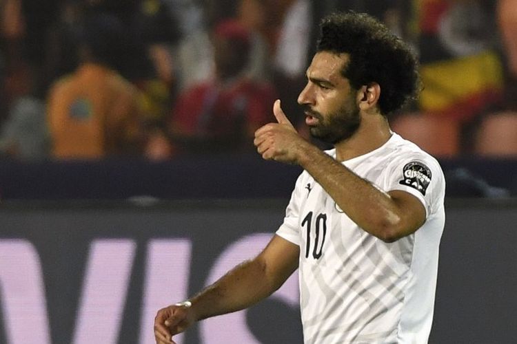Mohamed Salah merayakan golnya pada pertandingan Uganda vs Mesir dalam lanjutan Piala Afrika 2019 di Kairo, 30 Juni 2019. 