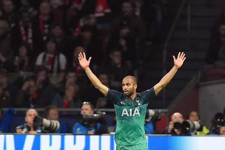 Lucas Moura merayakan golnya pada laga Ajax Amsterdam vs Tottenham Hotspur dalam semifinal Liga Champions di Johan Cruyff Arena, 8 Mei 2019. 