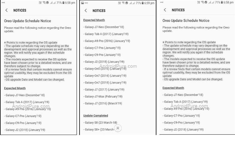 Tangkapan layar pemberitahuan Samsung tentang jadwal update Android Oreo