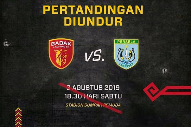 Screenshot instagram @badaklampungfcmedia, yang memuat laga Perseru Badak Lampung FC vs Persela Lamongan ditunda.