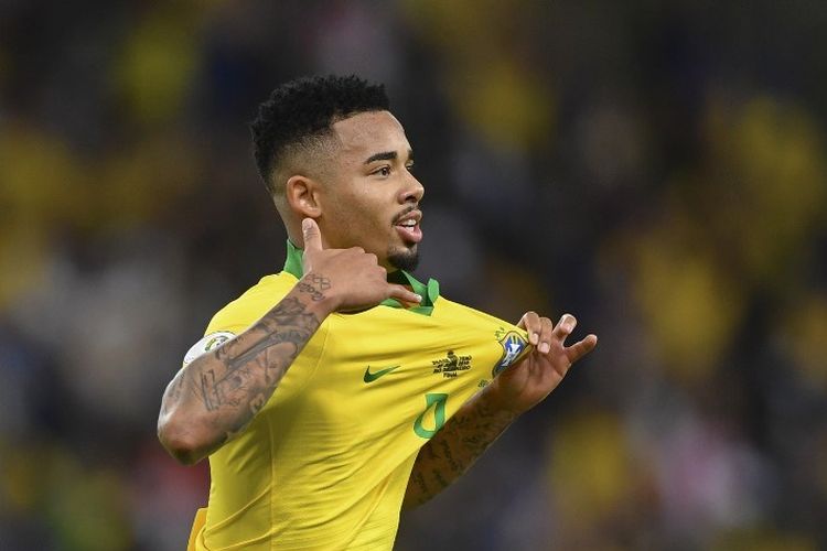 Penyerang Selecao, Gabriel Jesus, merayakan golnya pada pertandingan Brasil vs Peru dalam final Copa America 2019 di Stadion Maracana, 7 Juli 2019. 