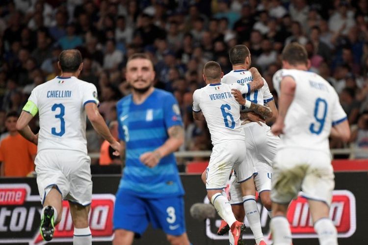 Leonardo Bonucci merayakan golnya pada pertandingan Yunani vs Italia dalam lanjutan kualifikasi Euro 2020 di Stadion Olimpiade Athena, 8 Juni 2019.