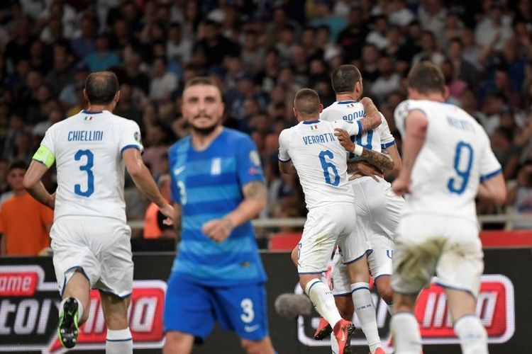 Leonardo Bonucci merayakan golnya pada pertandingan Yunani vs Italia dalam lanjutan kualifikasi Euro 2020 di Stadion Olimpiade Athena, 8 Juni 2019. 