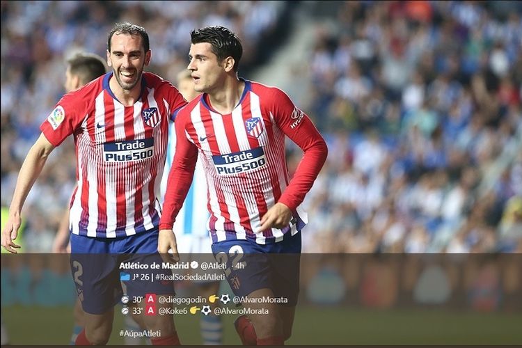 Diego Godin dan Alvaro Morata melakukan selebrasi gol pada laga Real Sociedad vs Atletico Madrid, di Stadion Anoeta, Minggu (3/3/2019) atau Senin dini hari WIB.