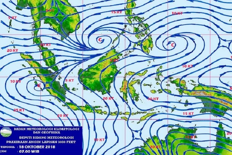 Prakiraan angin wilayah Indonesia pada Kamis (18/10/2018). 