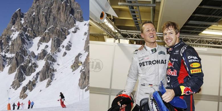 Kiri: tebing tempat Schumi mengalami kecelakaan, kanan bersama dengan Sebastian Vettel