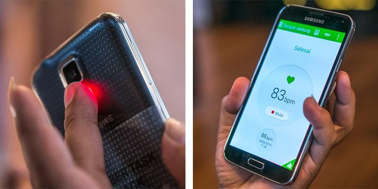 Galaxy S4 mendeteksi detak jantung lewat jari pengguna dan menampilkan hasilnya lewat aplikasi S-Health (kanan)