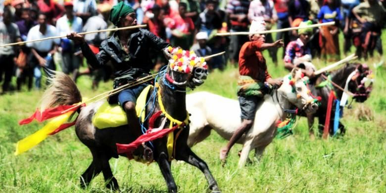 Pasola, tradisi perang-perangan dengan menunggang kuda sambil menyerang lawan dengan lembing di Pulau Sumba, Nusa Tenggara Timur. 
