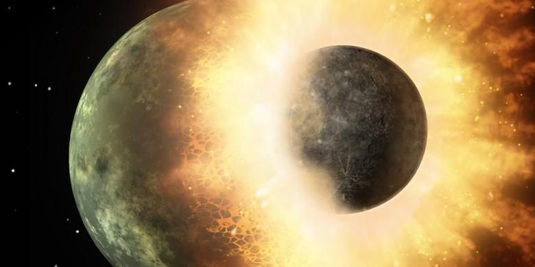 Ilustrasi tabrakan antara dua planet. Diyakini, Bumi pernah bertabrakan dengan planet bernama Theia. Tabrakan itulah yang juga diyakini membentuk Bulan.