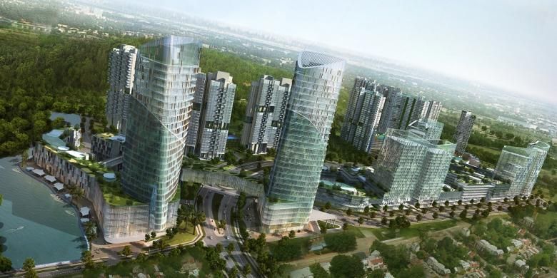 Citra kondominium dan pusat rekreasi Forest City Iskandar Malaysia.