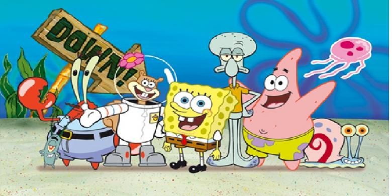 Para karakter dalam film kartun SpongeBob SquarePants (kiri ke kanan): Plankton, Tuan Crab, Sandy, SpongeBob, Squidward, Patrick, dan Garry.