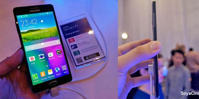 Samsung Galaxy A7 yang dipamerkan Samsung saat peluncuran Galaxy A3 dan A5 di Malaysia, Kamis (8/1/2014).