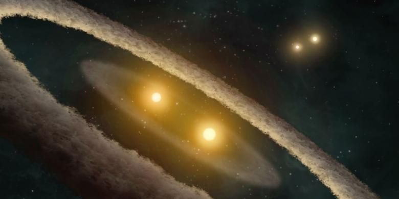 Ilustrasi kelahiran tata surya bintang empat beserta cincin debu yang di kemudian hari akan menjelma menjadi planet. 