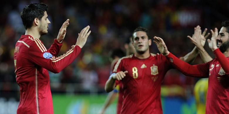 Alvaro Morata cetak gol pertama bagi timnas Spanyol saat menang atas Ukraina. 