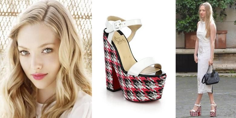 Aktris Amanda Seyfried mengenakan sandal platform Christian Louboutin dengan nama koleksi Bella.