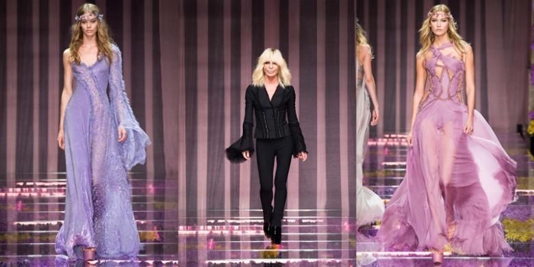 Media Eropa dan Amerika tak segan menyebut koleksi busana Atelier Versace Couture Fall 2015 karya Donatella Versace (tengah) ini bagaikan berasal dari negeri dongeng. 