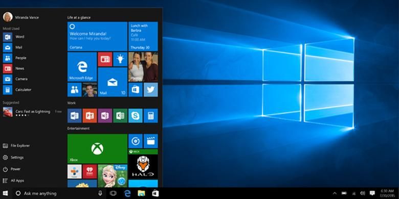 Tampilan Start Menu di Windows 10