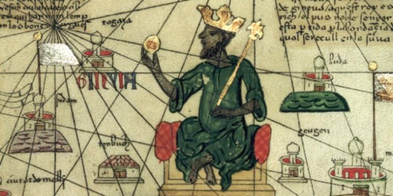 Sebuah penggambaran Mansa Musa, penguasa Kekaisaran Mali yang dimuat dalam Peta Dunia Catalan 1375 yang dibuat Abraham Cresques de Mallorca. Dalam lukisan ini Mansa Musa digambarkan memegang bongkahan emas dan mahkota bergaya Eropa.
