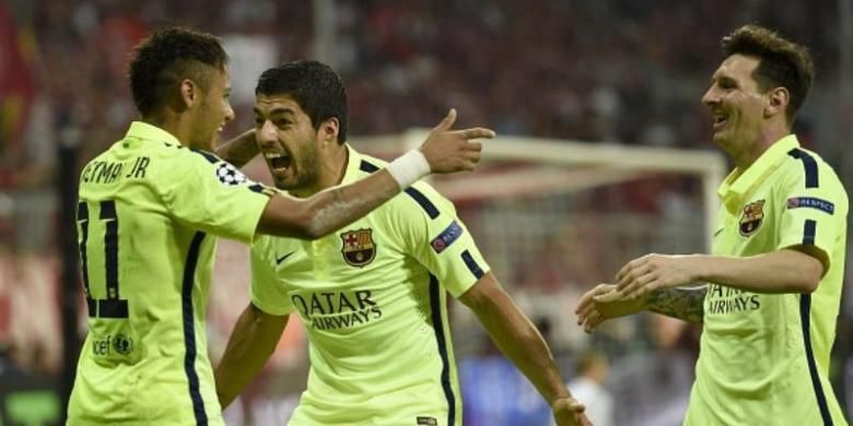 Trio penyerang Barcelona, Neymar (kiri), Luis Suarez (tengah) dan Lionel Messi.