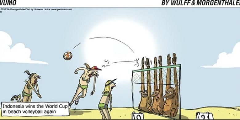 Karikatur yang melecehkan atlet bola voli pantai Indonesia karya WuMo. 